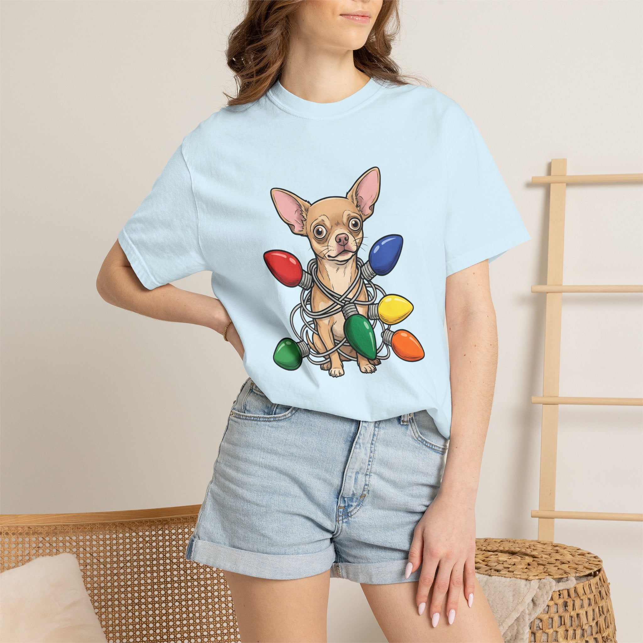 Chihuahua Pet Shirt Dog Xmas Gift Women Cute Tee Puppy T-Shirt Dog Fan Canine Tshirt Winter Graphic Doodle Festive Lights Tshirt