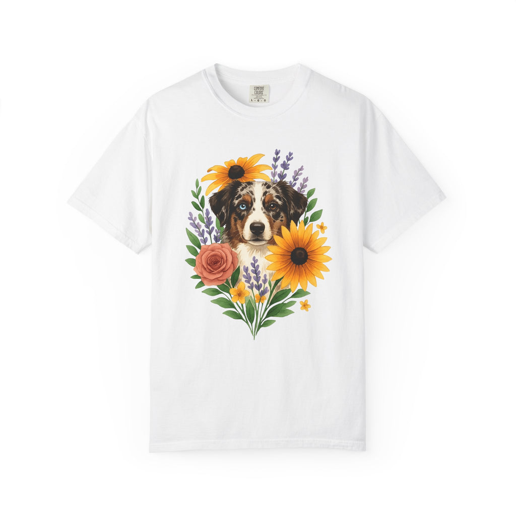 Aussie Breed Shirt Dog Bouquet Gift Women Painterly Tee Australian Dog T-Shirt Dog Fan Watercolor Tshirt Floral Graphic Folk Petals Tshirt