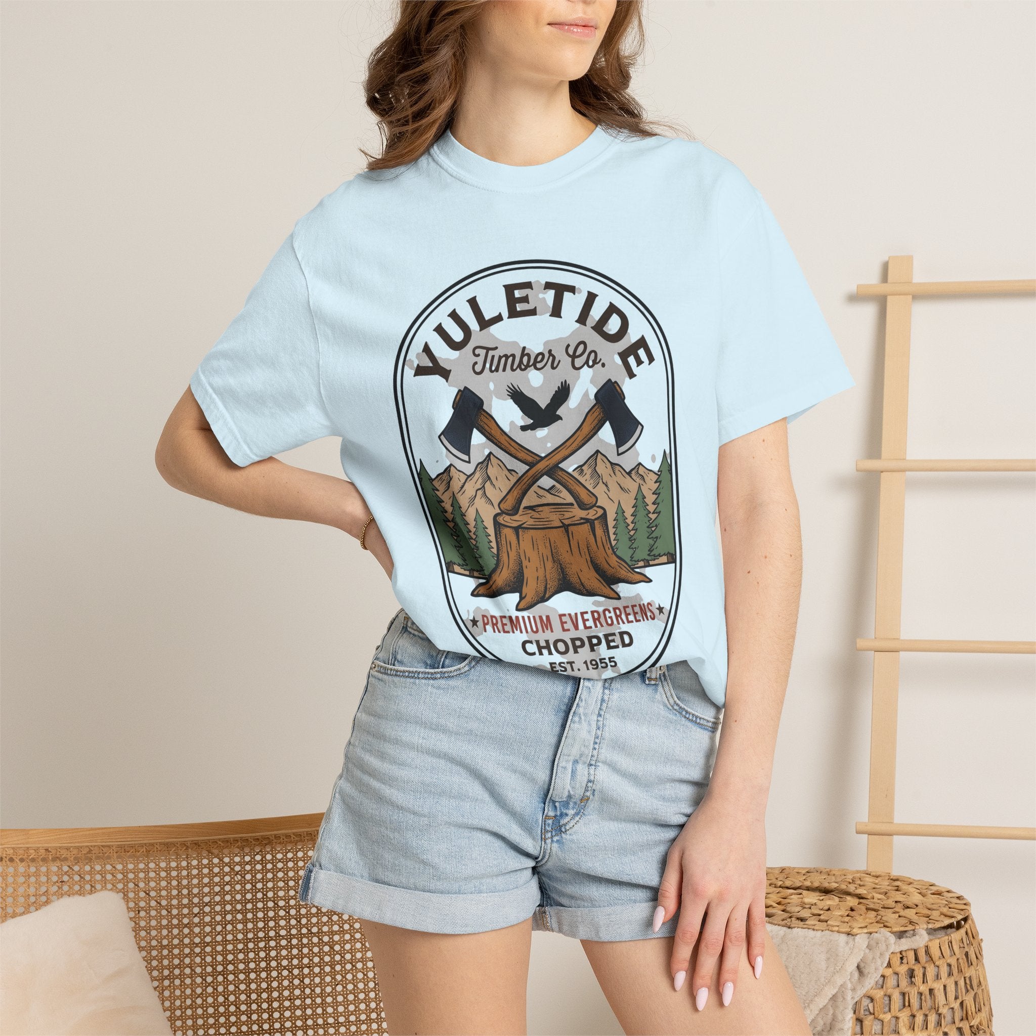 Crossed Hatchets Shirt Christmas Camping Gift Women Rustic Tee Tomahawks T-Shirt Noel Fan Vintage Tshirt Outdoor Graphic Sketch Fir Trees