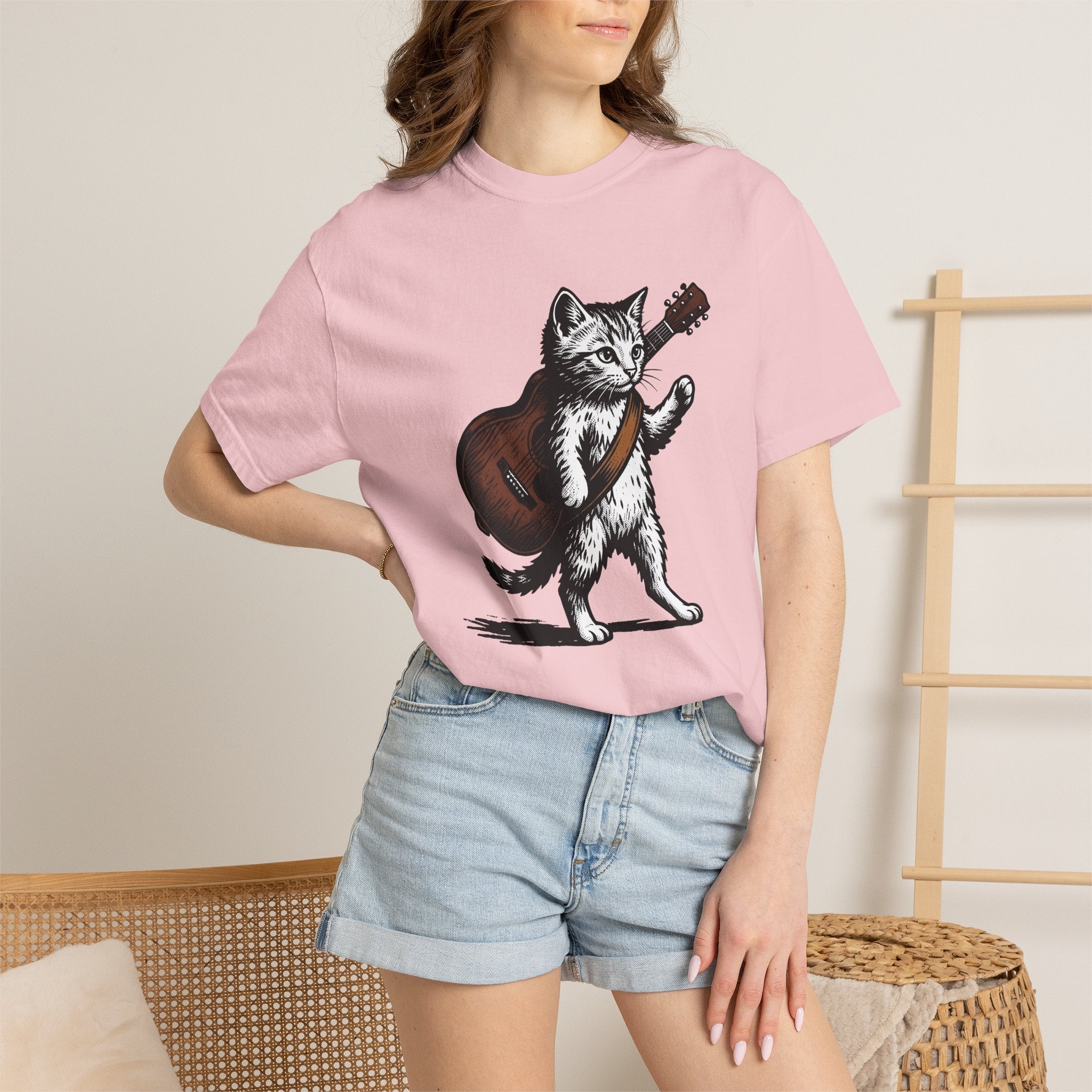 Feline Guitar Shirt Cat Sound Gift Women Classic Tee Cat Guitar T-Shirt Cat Fan Feline Art Tshirt Audio Graphic Line Art Acoustic Tshirt