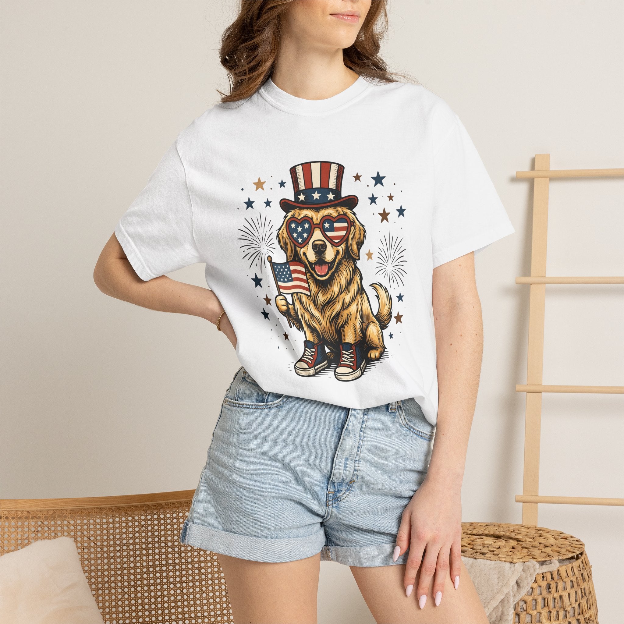 Golden Retriever Shirt Dog Nationalism Gift Women Comic Tee Retriever T-Shirt Dog Fan Cartoon Tshirt Patriotic Graphic Old School Stars And