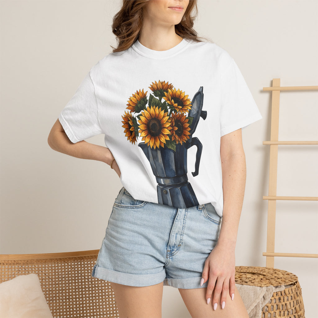 Coffee Pot Sunflowers Shirt Coffee Bouquet Gift Women Brush Stroke Tee Sunflower Pot T-Shirt Coffee Fan Painted Tshirt Floral Graphic