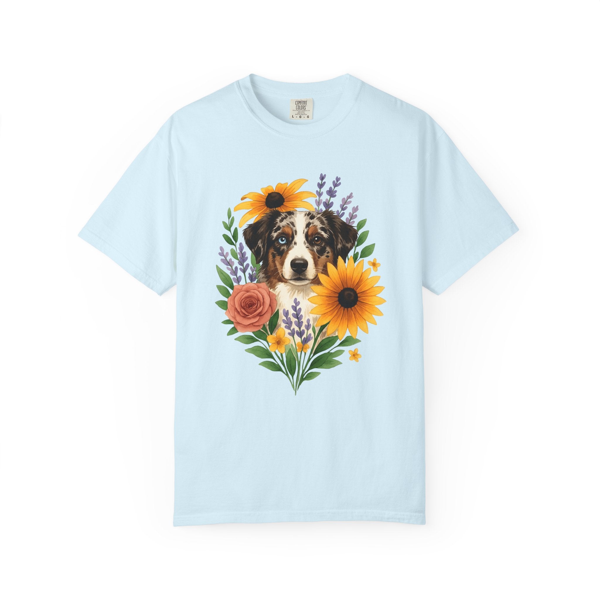 Aussie Breed Shirt Dog Bouquet Gift Women Painterly Tee Australian Dog T-Shirt Dog Fan Watercolor Tshirt Floral Graphic Folk Petals Tshirt