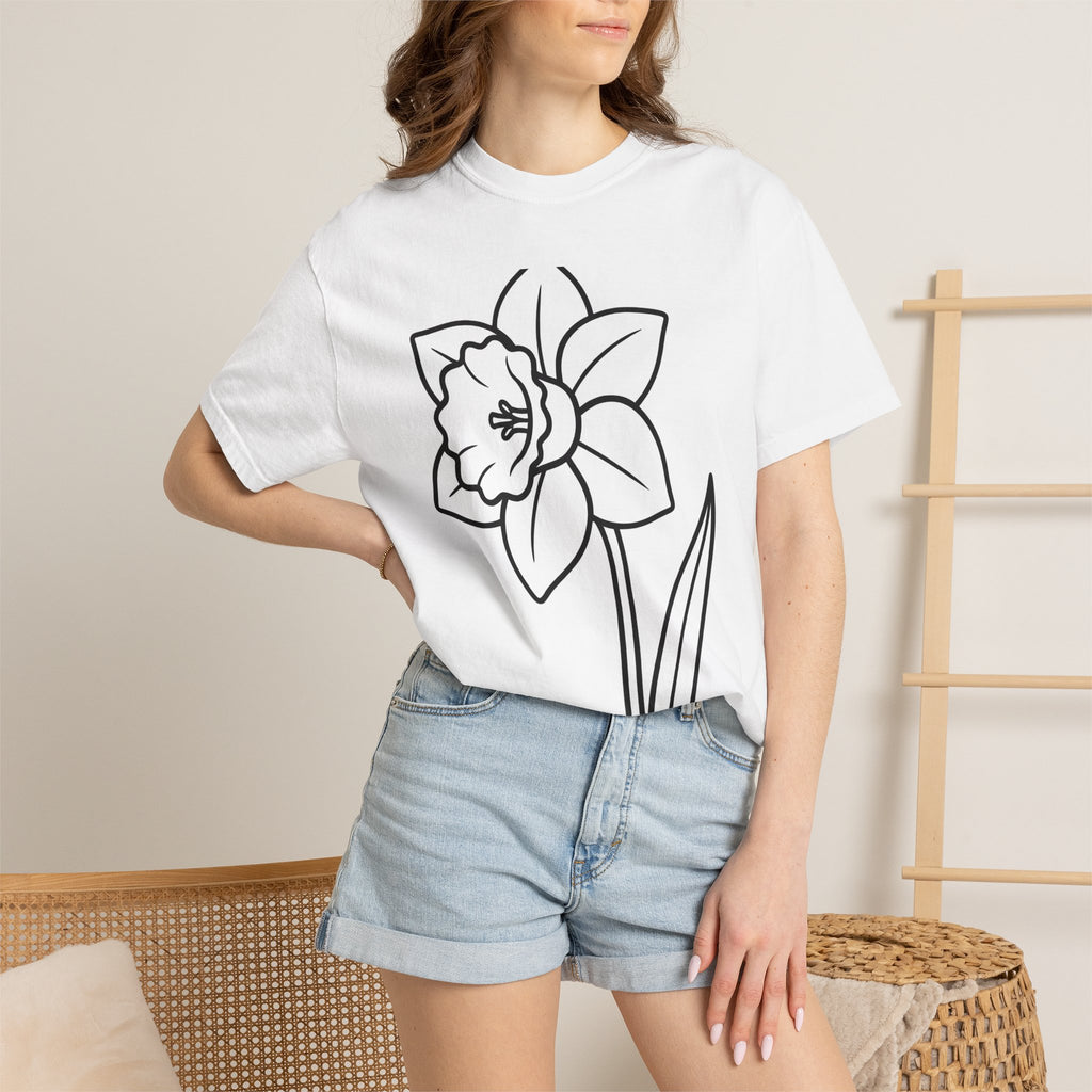 Daffodil Flower Shirt Easter Floral Gift Women Line Art Tee Narcissus T-Shirt Easter Fan Doodle Tshirt Botanical Graphic Minimalist Stem