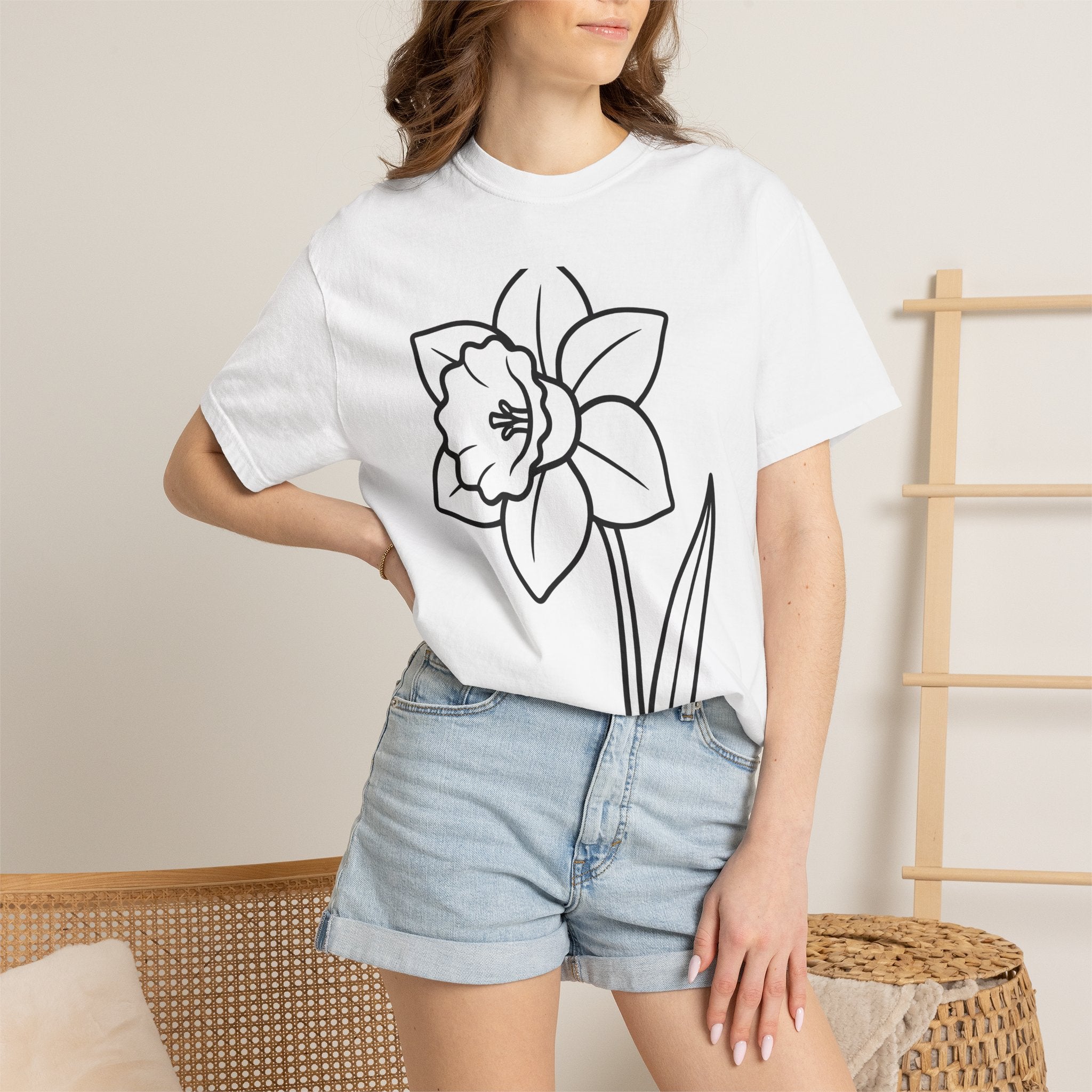 Daffodil Flower Shirt Easter Floral Gift Women Line Art Tee Narcissus T-Shirt Easter Fan Doodle Tshirt Botanical Graphic Minimalist Stem