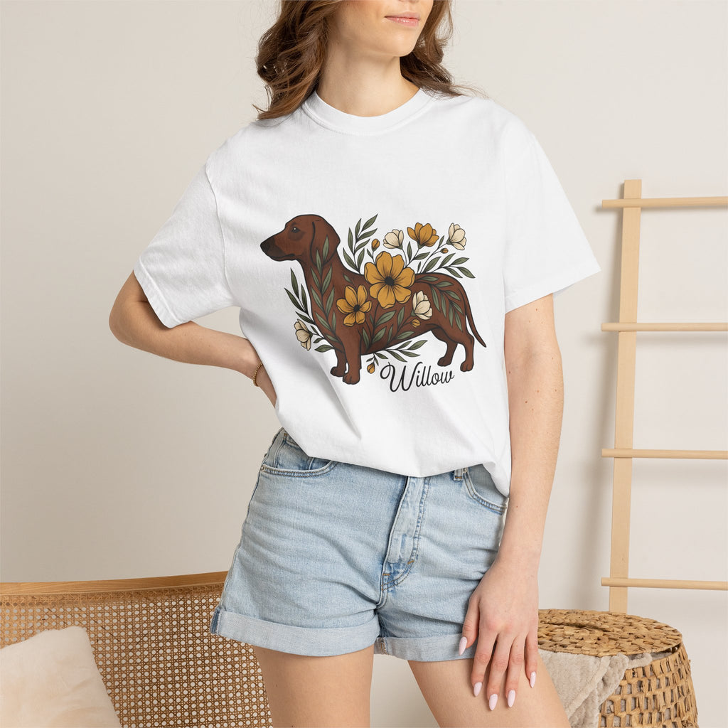 Dachshund Hound Shirt Dog Bouquet Gift Women Vintage Tee Wiener Dog T-Shirt Dog Fan Doxie Tshirt Floral Graphic Cartoon Blossom Tshirt