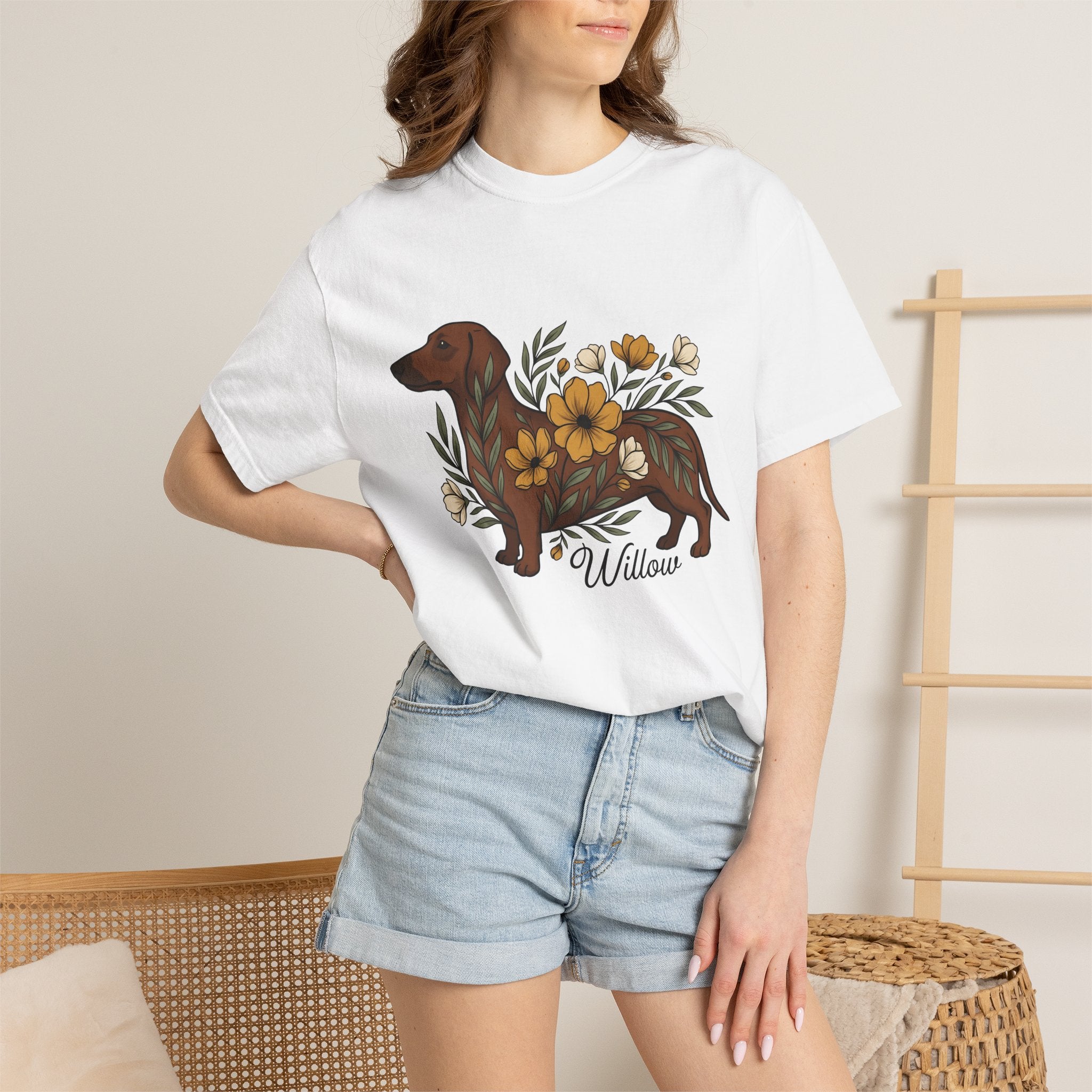 Dachshund Hound Shirt Dog Bouquet Gift Women Vintage Tee Wiener Dog T-Shirt Dog Fan Doxie Tshirt Floral Graphic Cartoon Blossom Tshirt