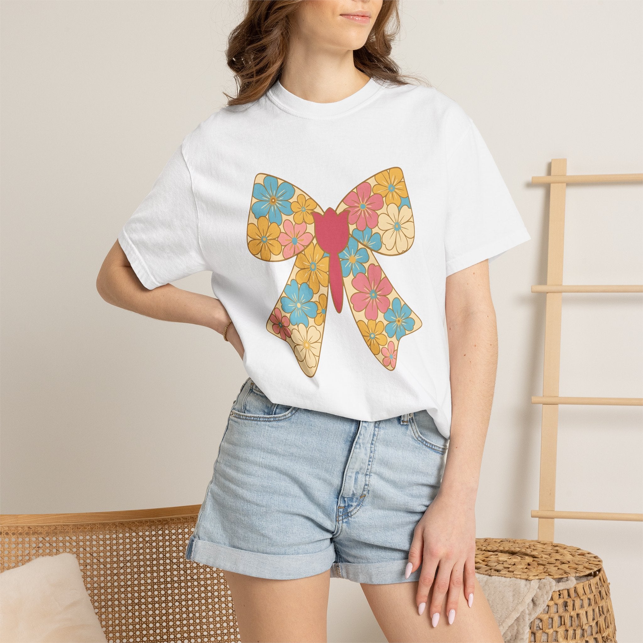 Petal Bow Shirt Easter Flora Gift Women Light Shades Tee Floral Bow T-Shirt Easter Fan Floral Design Easter Tshirt Old Style Iris Tshirt