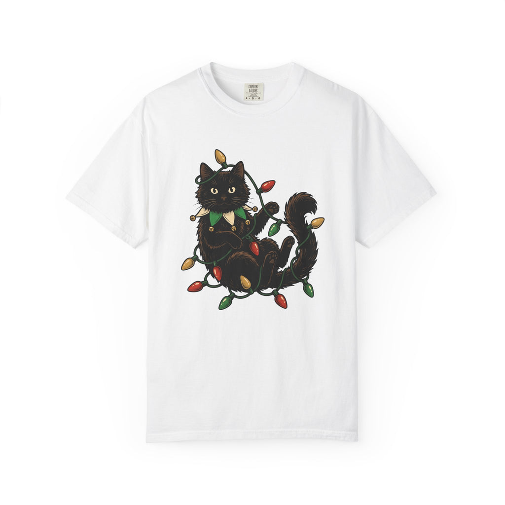 Black Cat Shirt Christmas Pet Gift Women Vintage Tee Cat T-Shirt Xmas Fan Retro Tshirt Animal Graphic Hand Drawn Christmas Lights Tshirt
