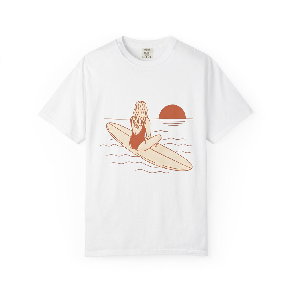 Surfing Woman Shirt Surfing Ocean Gift Women Modern Tee Surfer T-Shirt Surf Enthusiast Contemporary Tshirt Marine Graphic Classic Evening