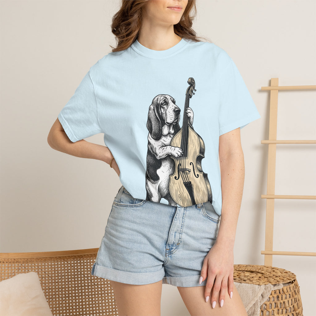 Basset Hound Shirt Dog Music Gift Women Hand Drawn Tee Hound Dog T-Shirt Dog Fan Illustrated Graphic Tshirt Vintage Upright Bass Tshirt