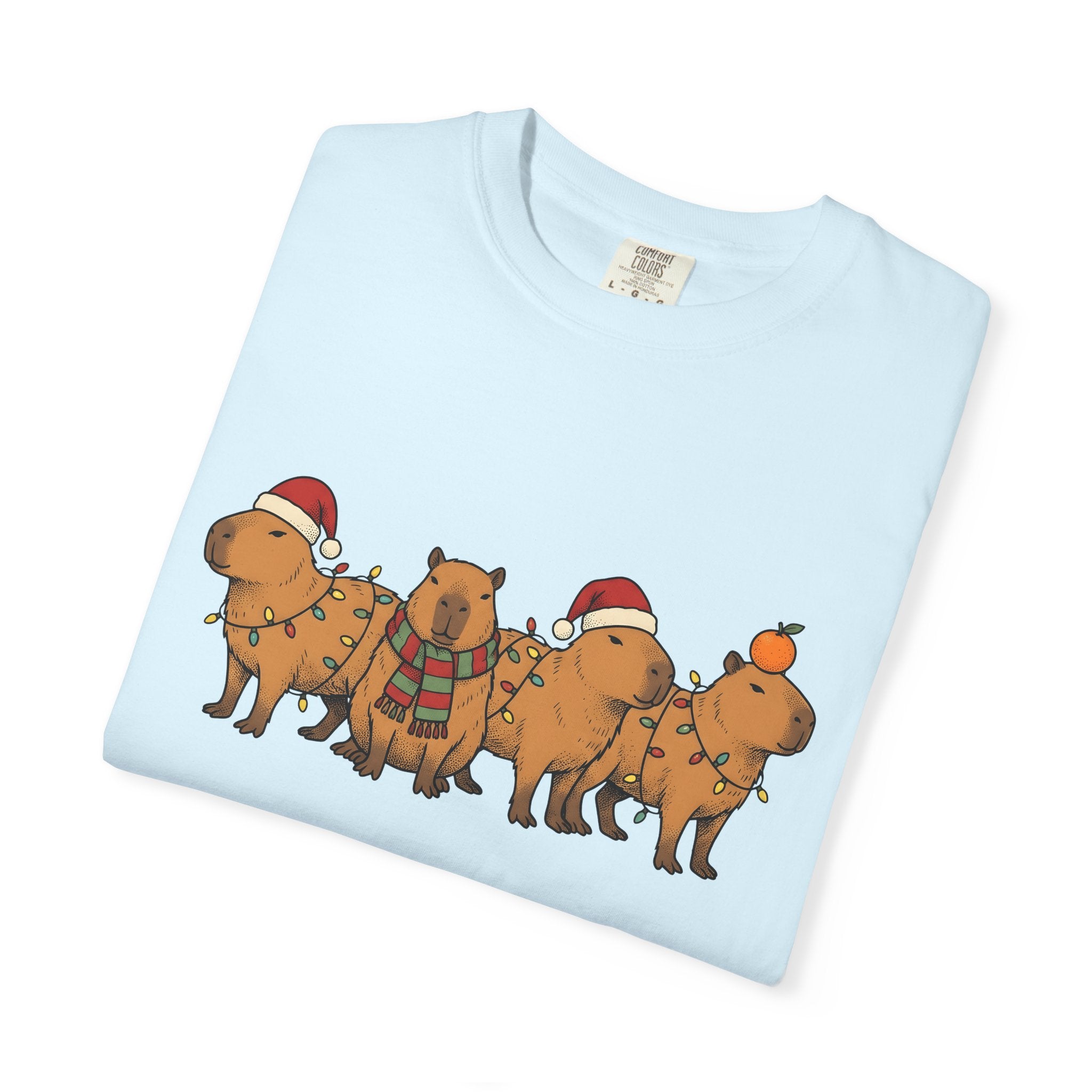 Capybara Herd Shirt Christmas Creatures Gift Women Illustration Tee Rodent T-Shirt Xmas Fan Drawing Graphic Line Art Led Lights Tshirt