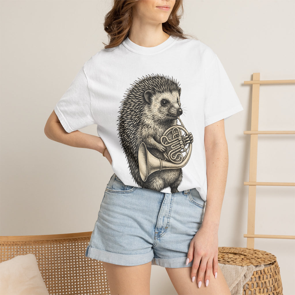 Hedgehog Horn Shirt Animals Instruments Gift Women Retro Tee Prickles T-Shirt Wildlife Fan Vintage Tshirt Musical Instrument Graphic Sketch