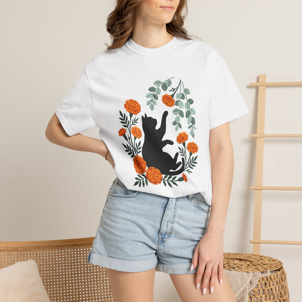 Black Puss Shirt Cat Greenery Gift Women Needlework Tee Cat T-Shirt Cat Fan Embroidery Tshirt Foliage Graphic Plant Orange Petals Tshirt
