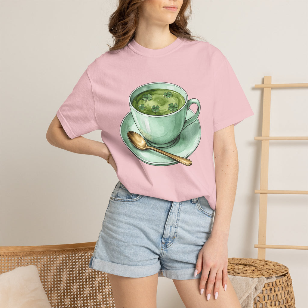 Lucky Leaf Cup Shirt St Patrick's Day Infusion Gift Women Painted Tee Tea Cup T-Shirt Shamrock Fan Hand Painted Tshirt Herbal Graphic Sketch