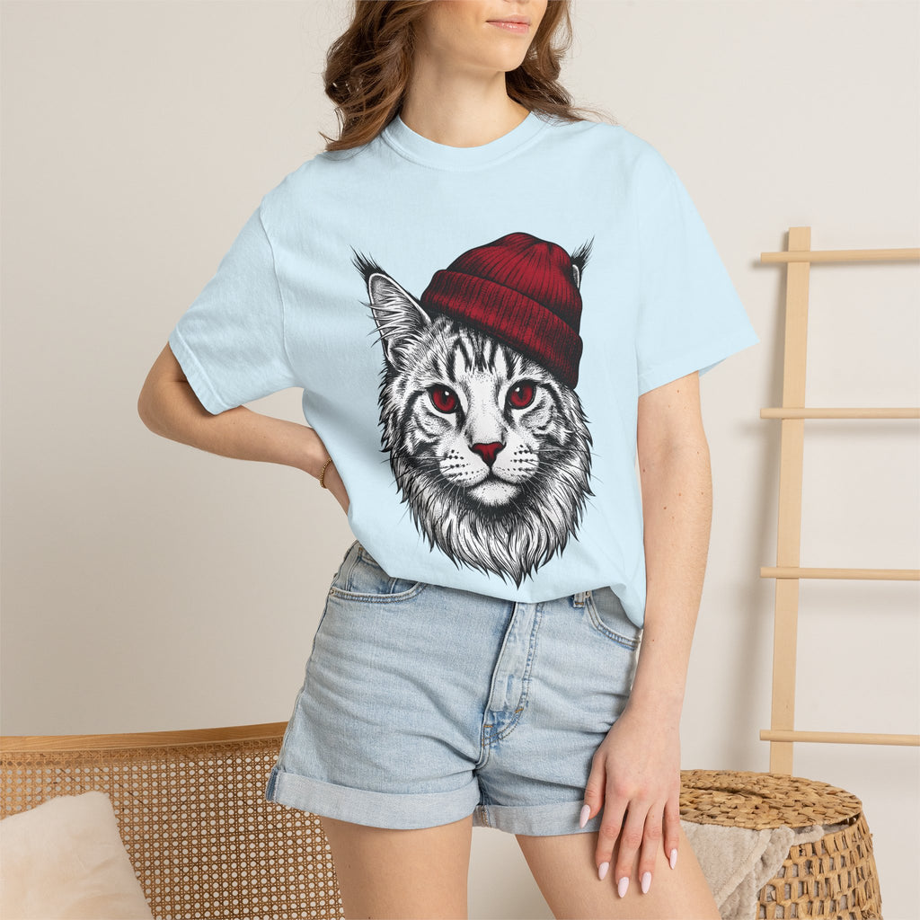 Feline Beanie Shirt Cat Apparel Gift Women Cartoon Tee Kitty T-Shirt Cat Fan Comic Tshirt Clothing Graphic Rustic Toque Tshirt