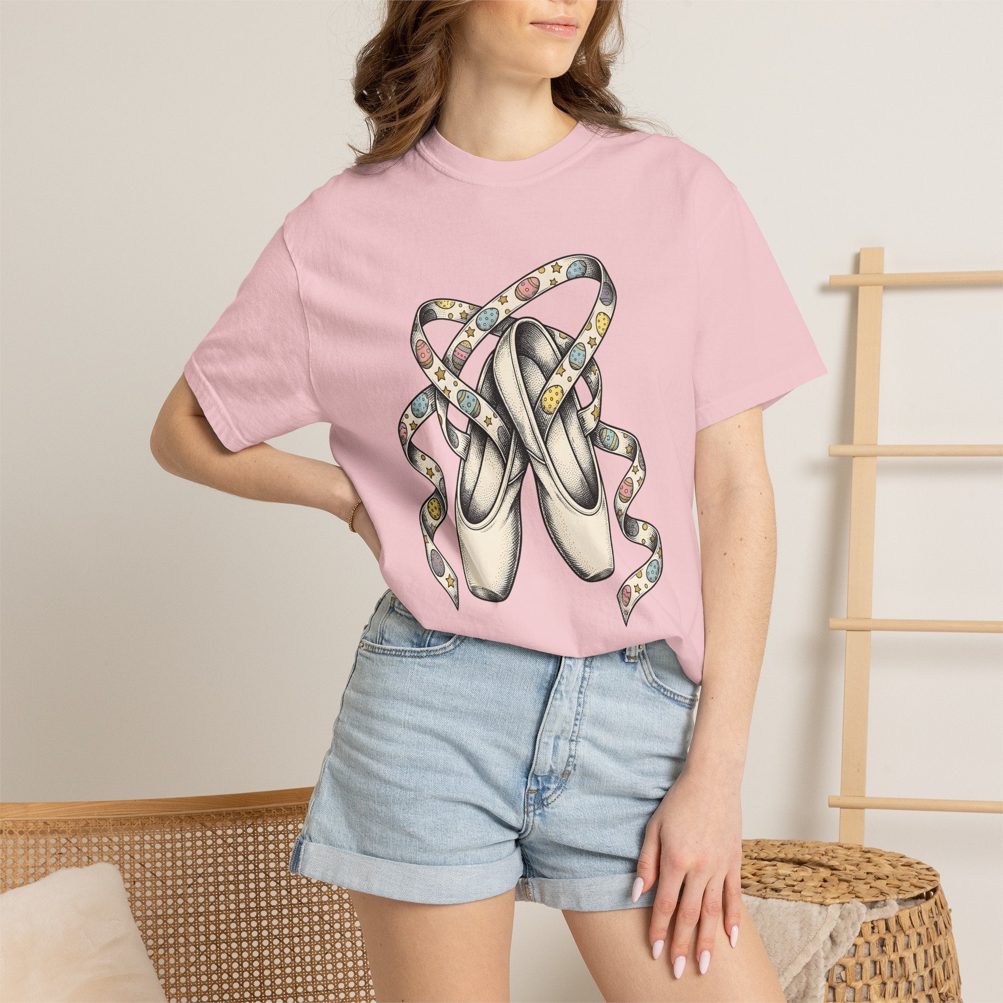 Ballet Flats Shirt Easter Recital Gift Women Cartoon Tee Dance Shoes T-Shirt Easter Fan Toon Tshirt Performance Graphic Sketch Painted Eggs