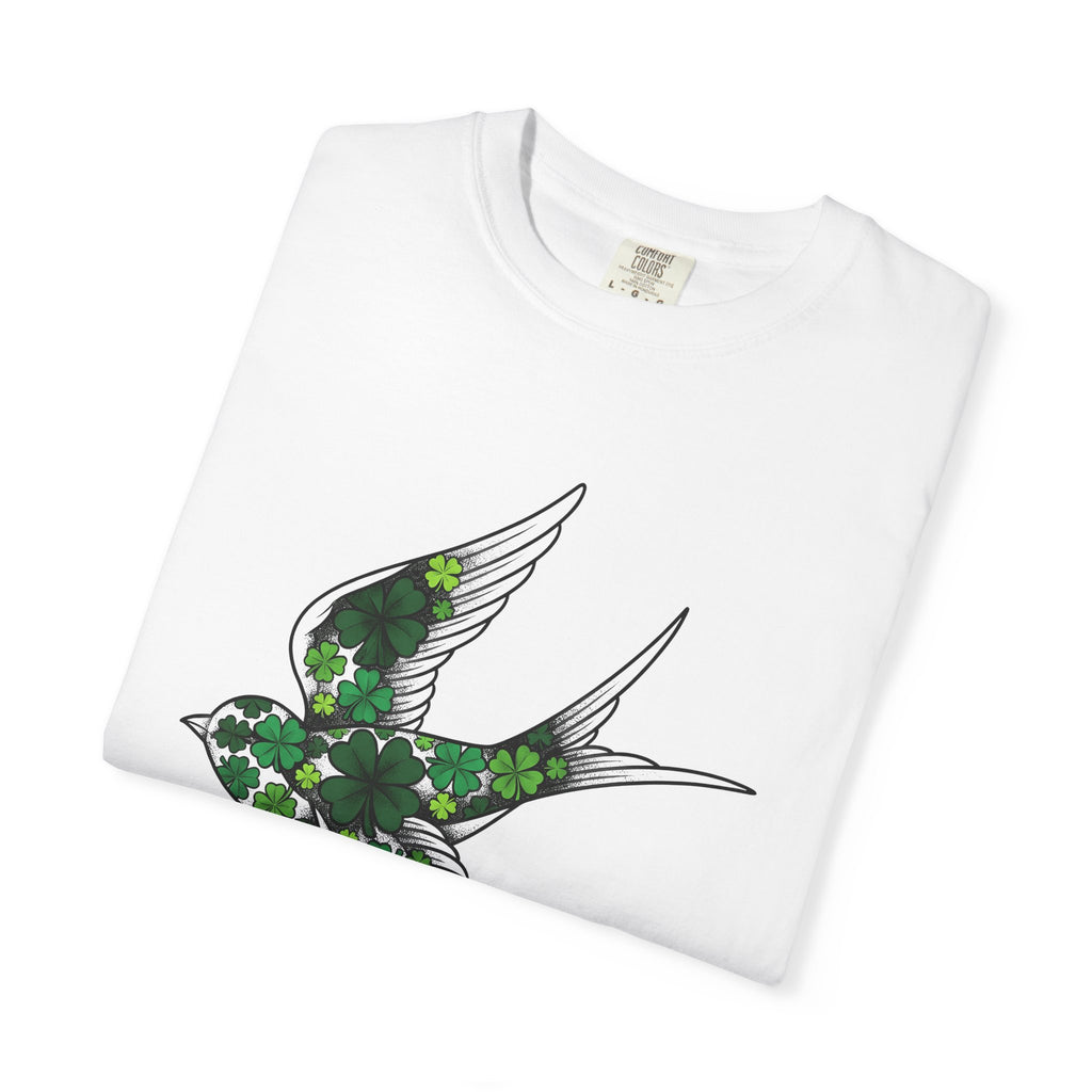 Small Bird Clover Shirt St Patrick's Day Destiny Gift Women Hand Drawn Tee Sparrow T-Shirt Shamrock Fan Illustrated Tshirt Fate Graphic