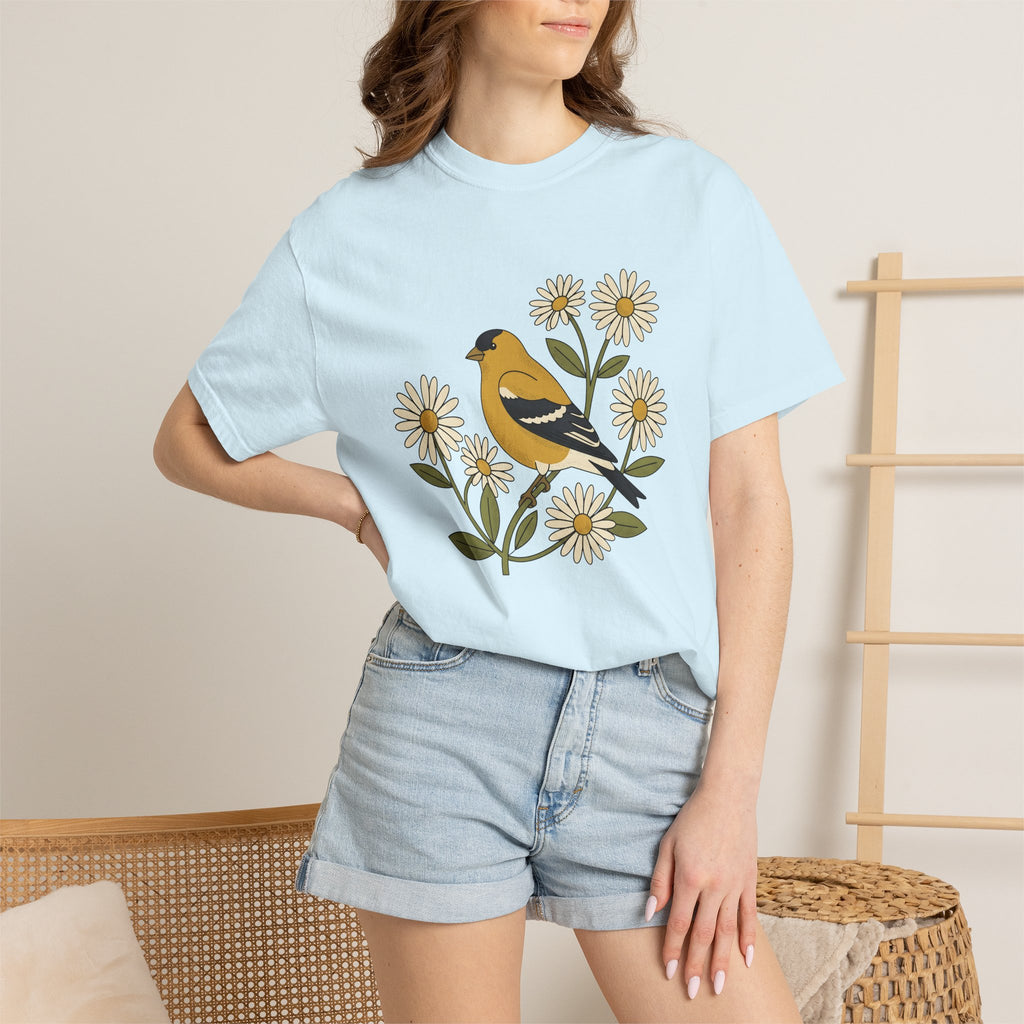Goldfinch Bird Shirt Animals & Flowers Outdoors Gift Women Garden Tee Finch T-Shirt Wildlife Fan Botanical Tshirt Nature Graphic Line Art