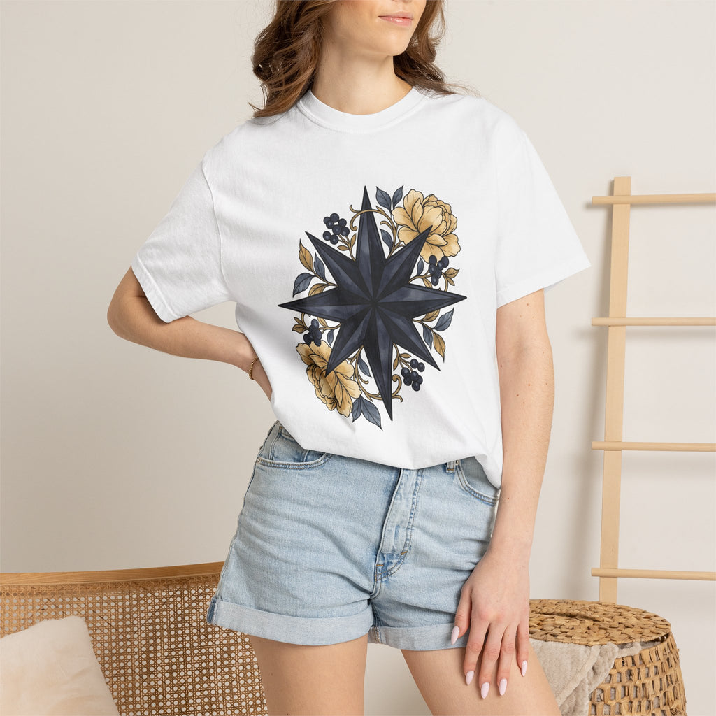 Compass Rose Shirt Boho Chic Plants Gift Women Floral Tee Wind Rose T-Shirt Bohemian Fan Floral Art Tshirt Botanical Graphic Watercolor