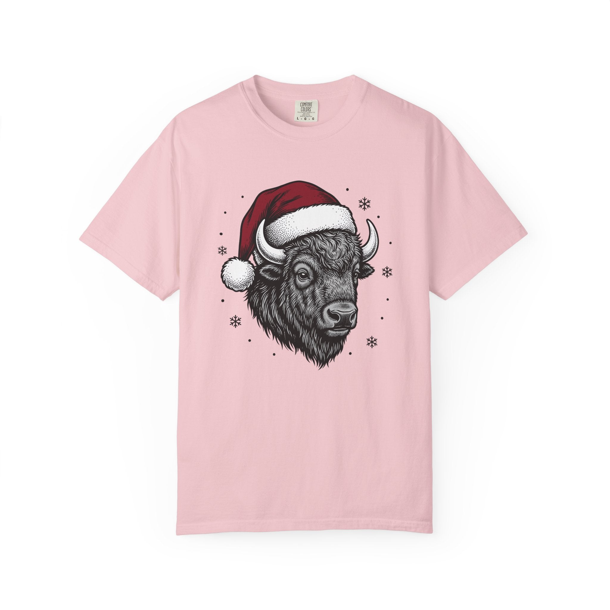 Bison Santa Hat Shirt Christmas Animal Gift Women Hand Drawn Tee Buffalo T-Shirt Xmas Fan Bison Graphic Vintage Snowflakes Tshirt