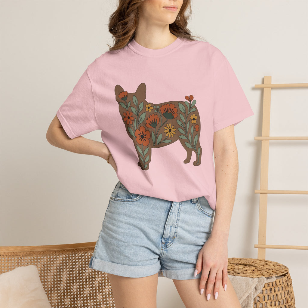 French Bulldog Shirt Dog Floral Gift Women Boho Tee Bouledogue Francais T-Shirt Dog Fan Hippie Tshirt Botanical Graphic Minimalist Flowers