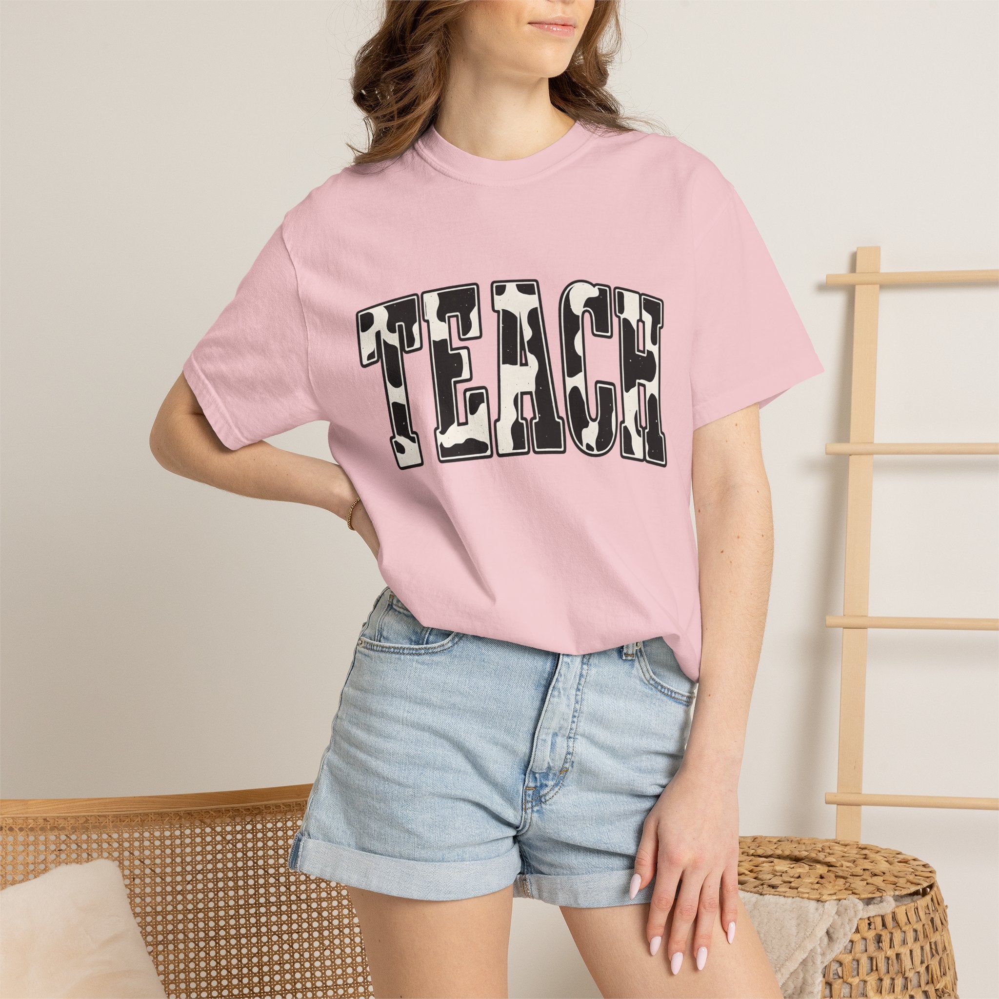 Cow Print Text Shirt Teacher Animal Gift Women Bold Tee Typography T-Shirt Educator Enthusiast Graphic Design Wildlife Graphic Retro Animal