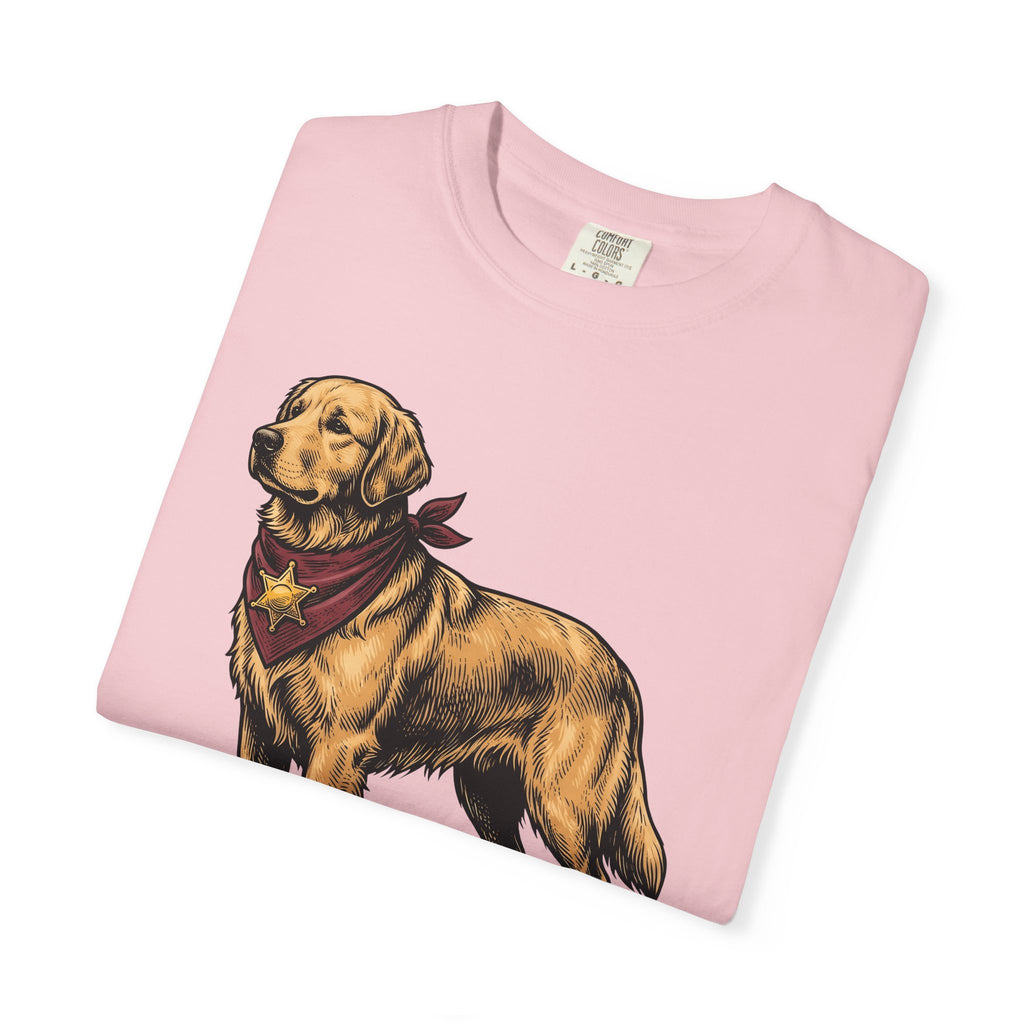 Golden Retriever Shirt Dog Ranch Gift Women Retro Tee Retriever T-Shirt Dog Fan Vintage Tshirt Farm Graphic Line Art Sheriff Badge Tshirt