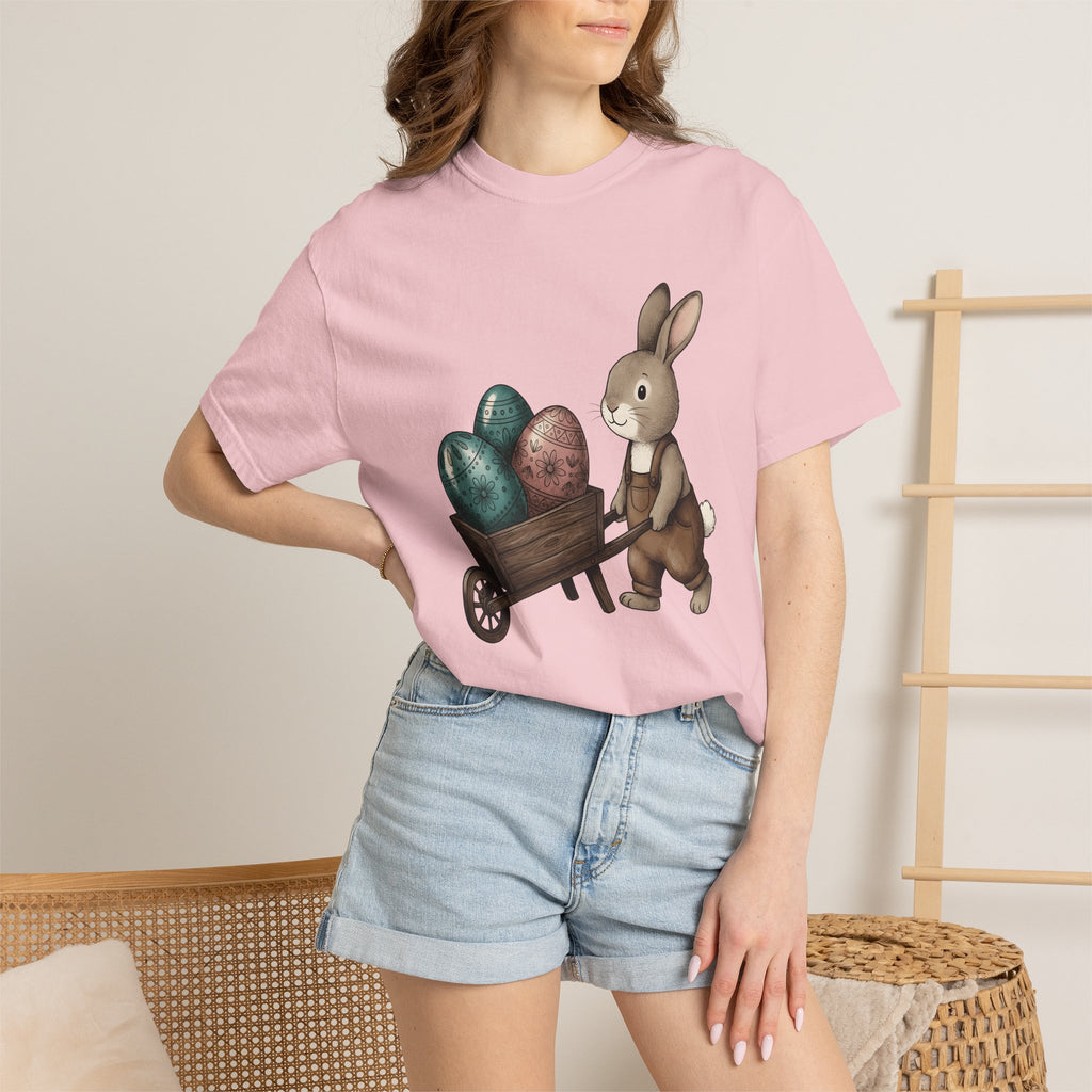 Bunny Cart Shirt Easter Wildlife Gift Women Sweet Tee Rabbit T-Shirt Easter Fan Bunny Tshirt Wildlife Graphic Doodle Colorful Eggs Tshirt