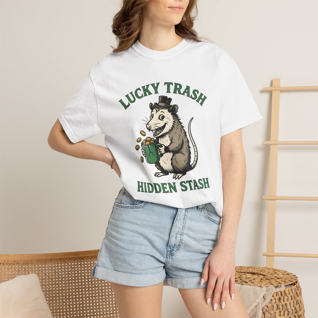 Opossum Leprechaun Shirt St Patrick's Day Funny Gift Women Sketch Tee Possum T-Shirt St Patricks Fan Drawing Graphic Humor Illustration Coin