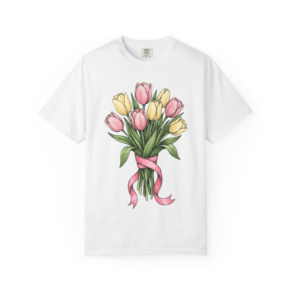 Tulip Bunch Shirt Easter Blossoms Gift Women Flower Illustration Tee Bouquet T-Shirt Spring Fan Floral Tshirt Floral Graphic Retro Bow