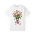 Tulip Bunch Shirt Easter Blossoms Gift Women Flower Illustration Tee Bouquet T-Shirt Spring Fan Floral Tshirt Floral Graphic Retro Bow