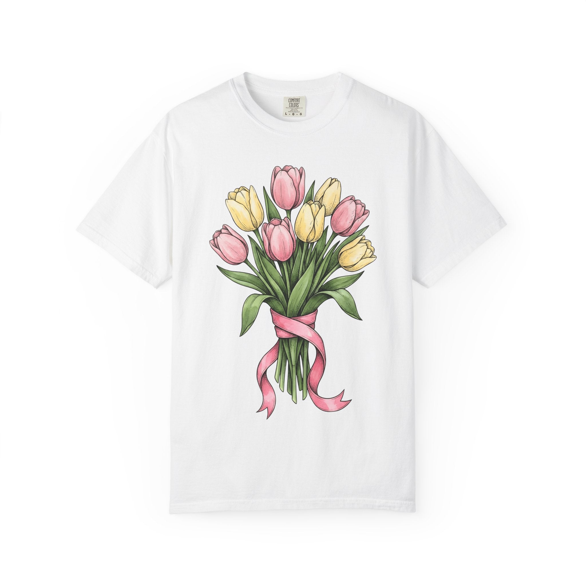 Tulip Bunch Shirt Easter Blossoms Gift Women Flower Illustration Tee Bouquet T-Shirt Spring Fan Floral Tshirt Floral Graphic Retro Bow