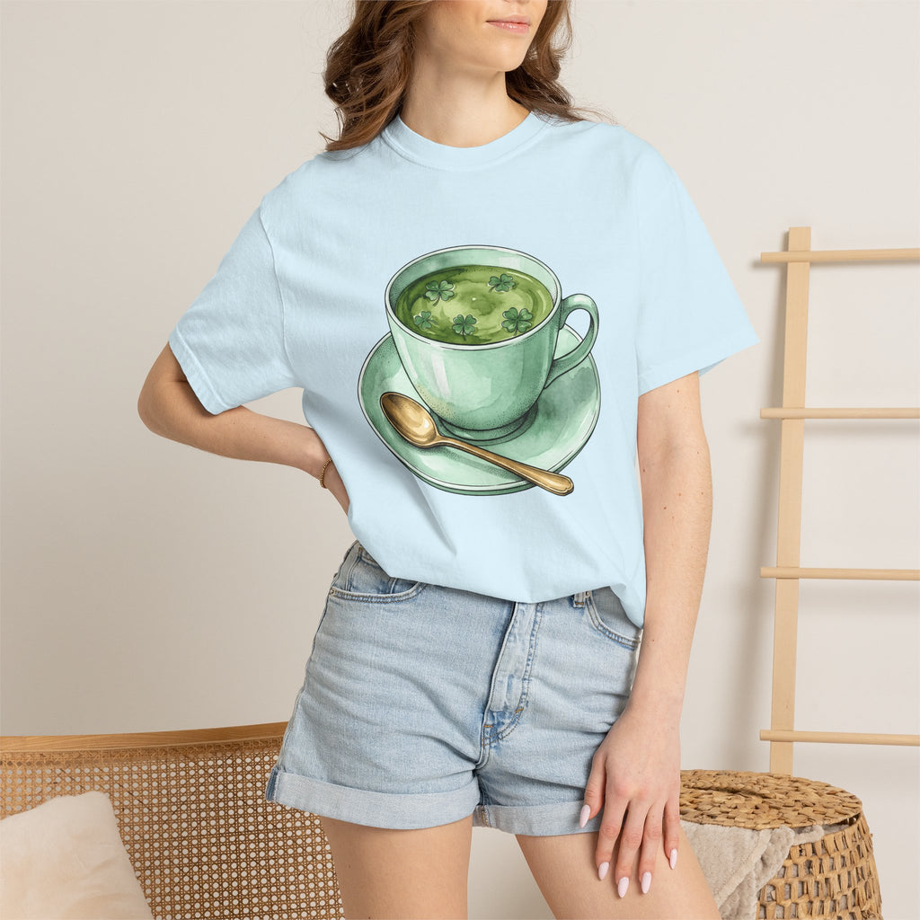 Lucky Leaf Cup Shirt St Patrick's Day Infusion Gift Women Painted Tee Tea Cup T-Shirt Shamrock Fan Hand Painted Tshirt Herbal Graphic Sketch