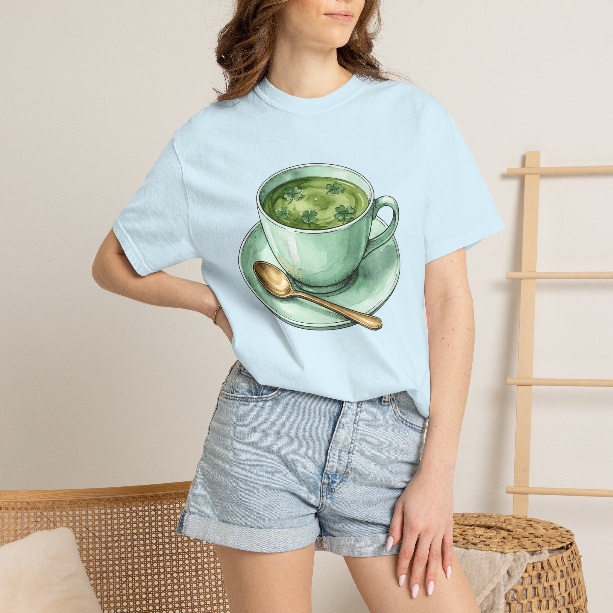 Lucky Leaf Cup Shirt St Patrick's Day Infusion Gift Women Painted Tee Tea Cup T-Shirt Shamrock Fan Hand Painted Tshirt Herbal Graphic Sketch
