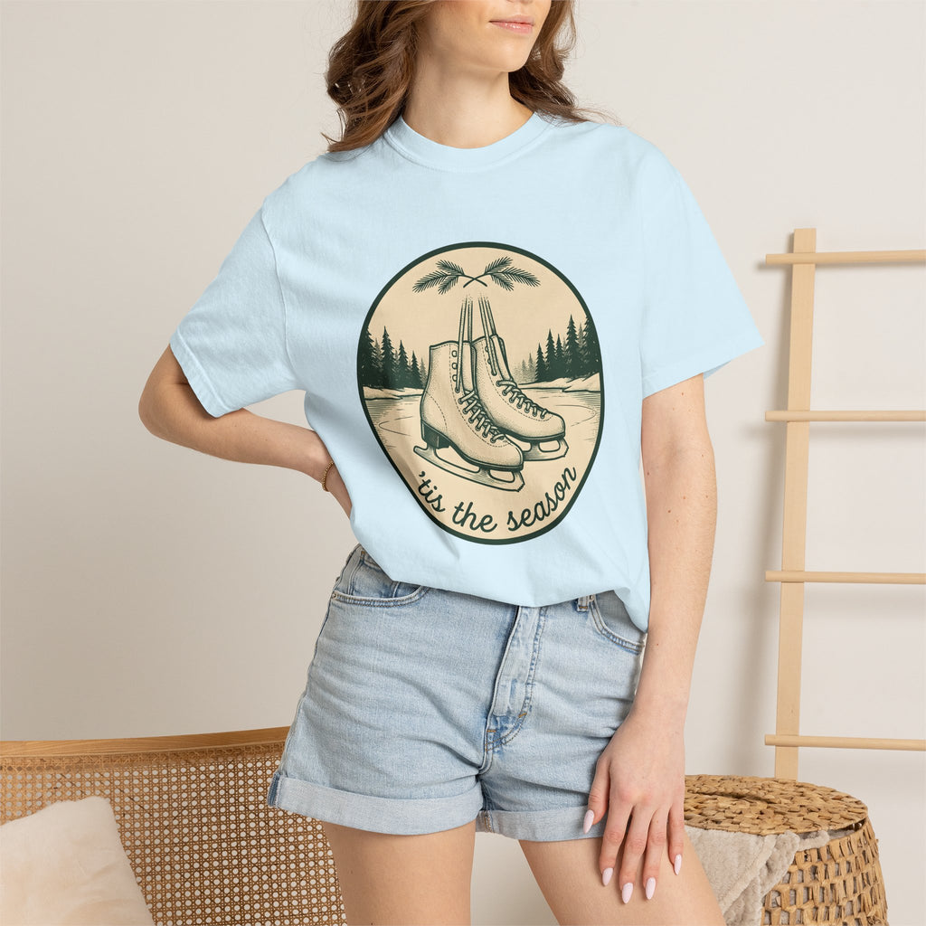 Ice Skates Shirt Christmas Winter Gift Women Vintage Tee Skating T-Shirt Xmas Fan Holiday Tshirt Frosty Illustration Hand Drawn Pine Trees