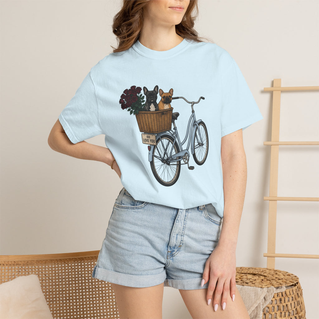 Frenchie Bike Shirt Valentines Day Puppy Gift Women Rustic Tee Bicycle T-Shirt Valentine Fan Rustic Tshirt Dog Graphic Line Art Garden Rose