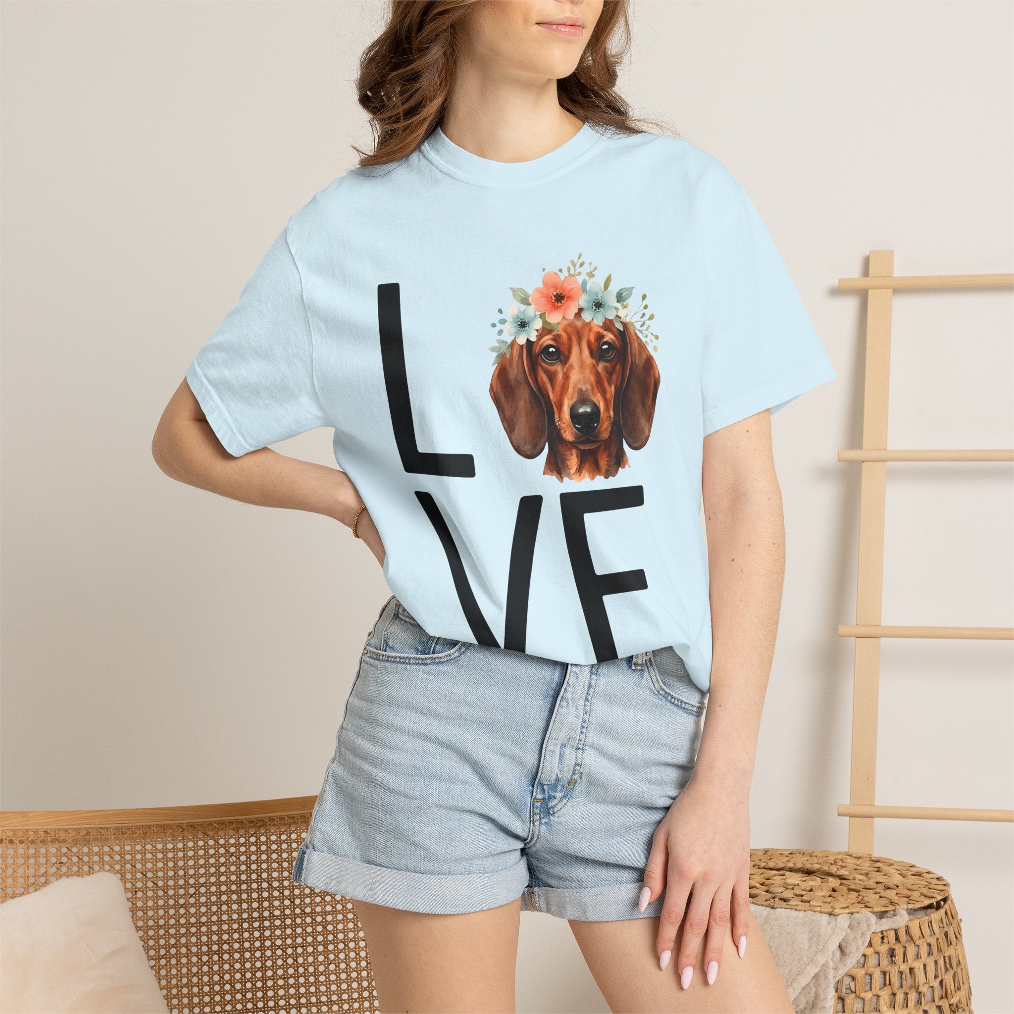 Dachshund Hound Shirt Dog Garden Gift Women Painted Tee Wiener Dog T-Shirt Dog Fan Hand Painted Tshirt Gardening Graphic Clean Lines Floral