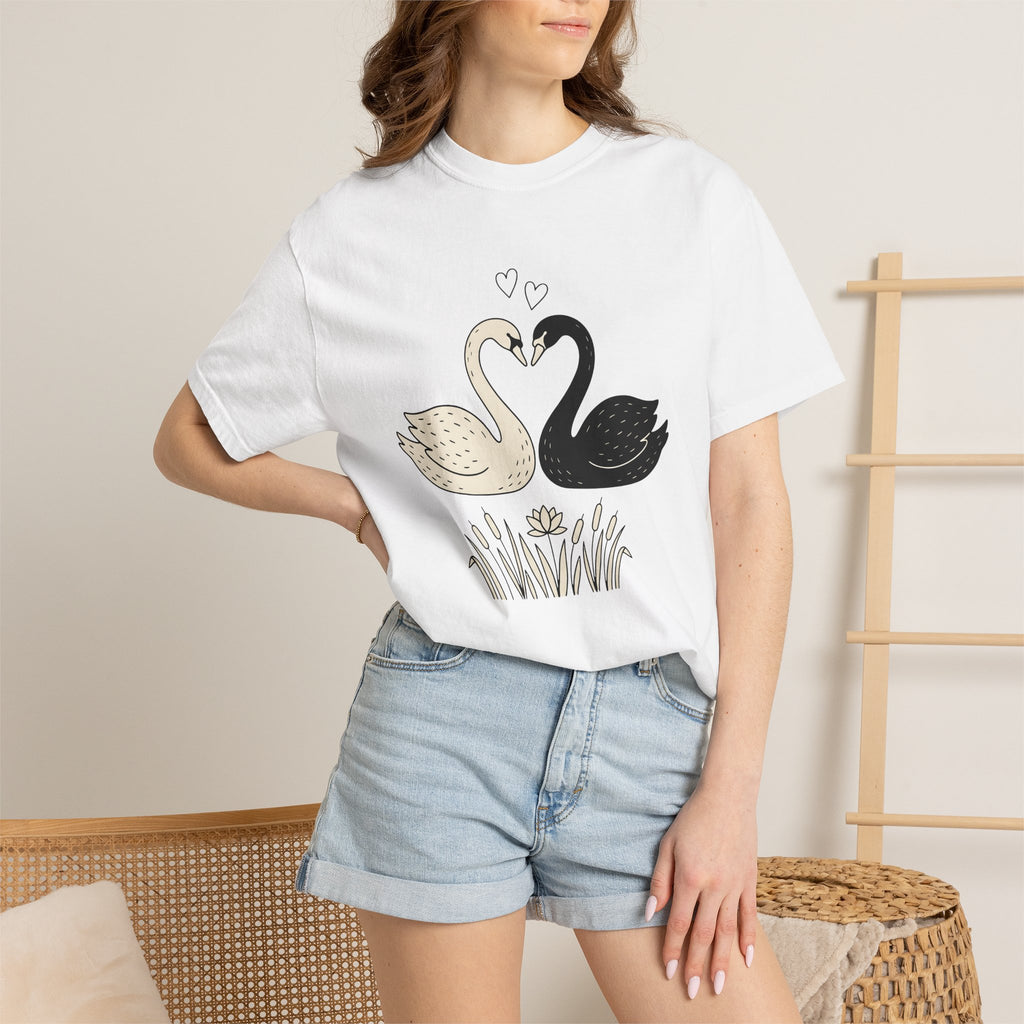 Swan Couple Shirt Animals & Flowers Romance Gift Women Doodle Tee Ducks T-Shirt Wildlife Fan Hand Drawn Tshirt Love Graphic Minimalist Lotus