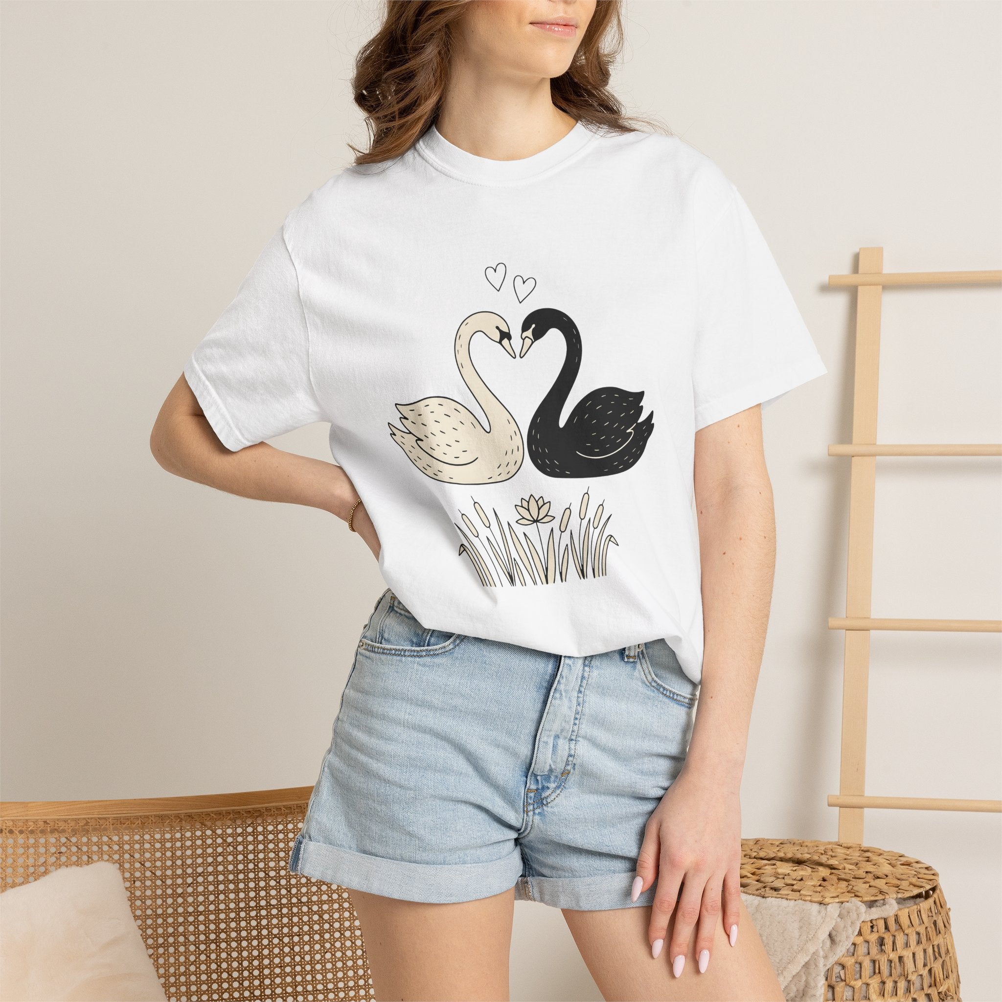 Swan Couple Shirt Animals & Flowers Romance Gift Women Doodle Tee Ducks T-Shirt Wildlife Fan Hand Drawn Tshirt Love Graphic Minimalist Lotus