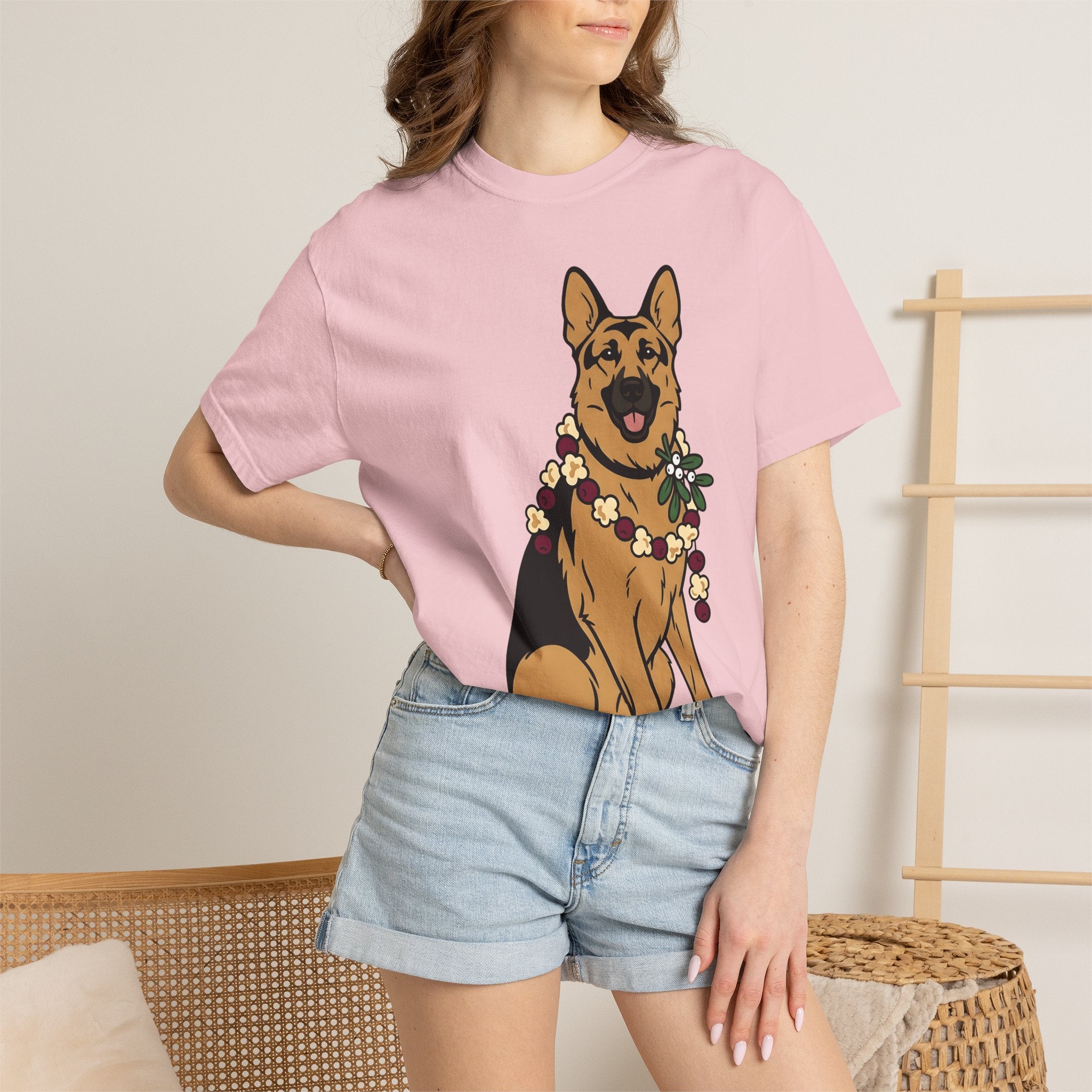 German Shepherd Shirt Dog Christmas Gift Women Cartoon Tee Alsatian T-Shirt Dog Fan Toon Tshirt Winter Graphic Minimalist Flower Garland