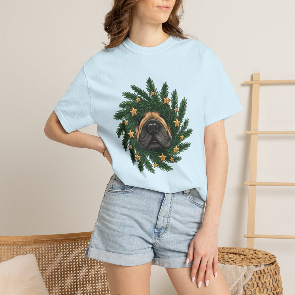 Canine Wreath Shirt Christmas Pets Gift Women Cartoon Tee Dog Wreath T-Shirt Xmas Fan Christmas Tshirt Animal Graphic Classic Shining Stars