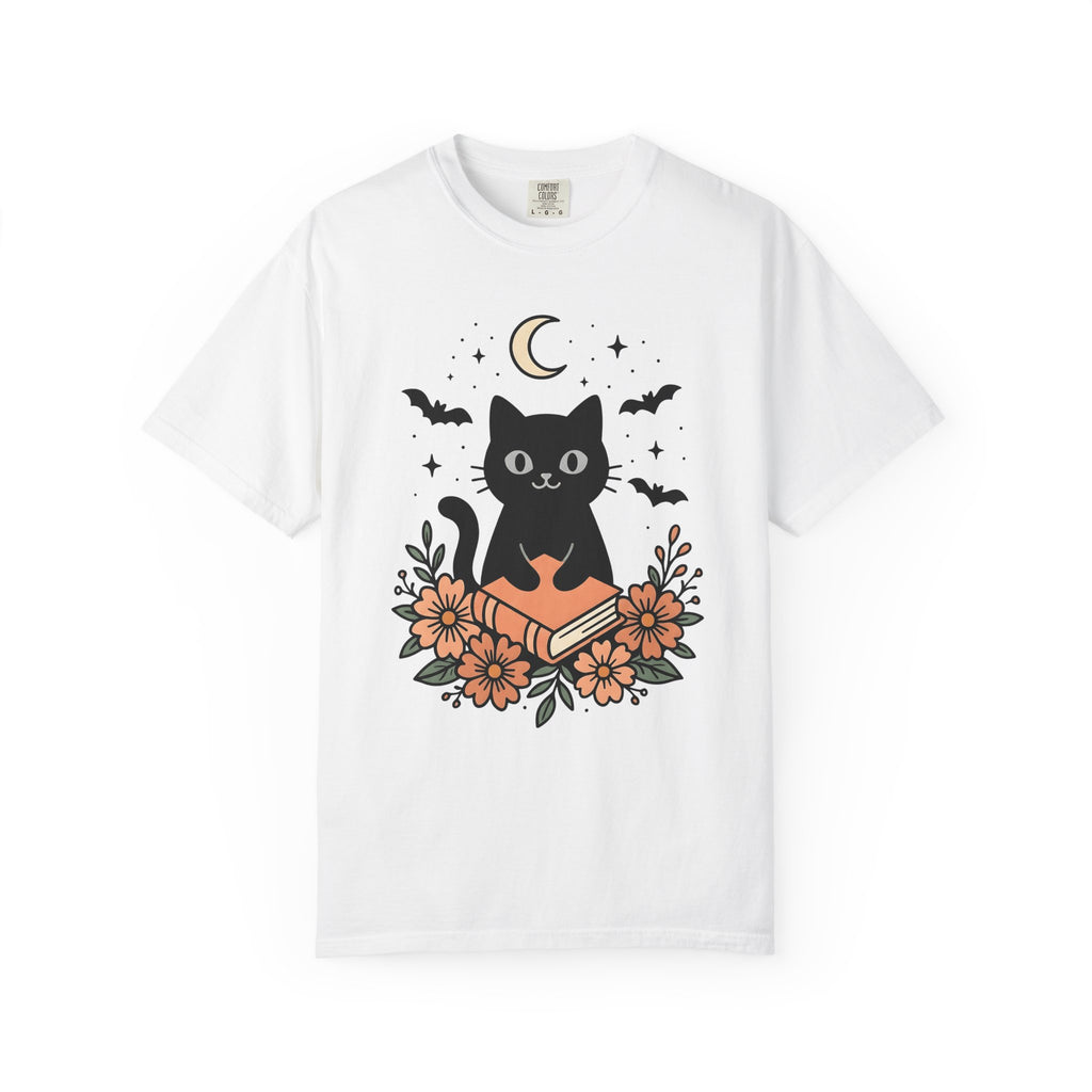 Black Cat Shirt Halloween Sorcery Gift Women Line Art Tee Cat T-Shirt Horror Fan Dark Magic Tshirt Witchcraft Graphic Sketch Night Moon