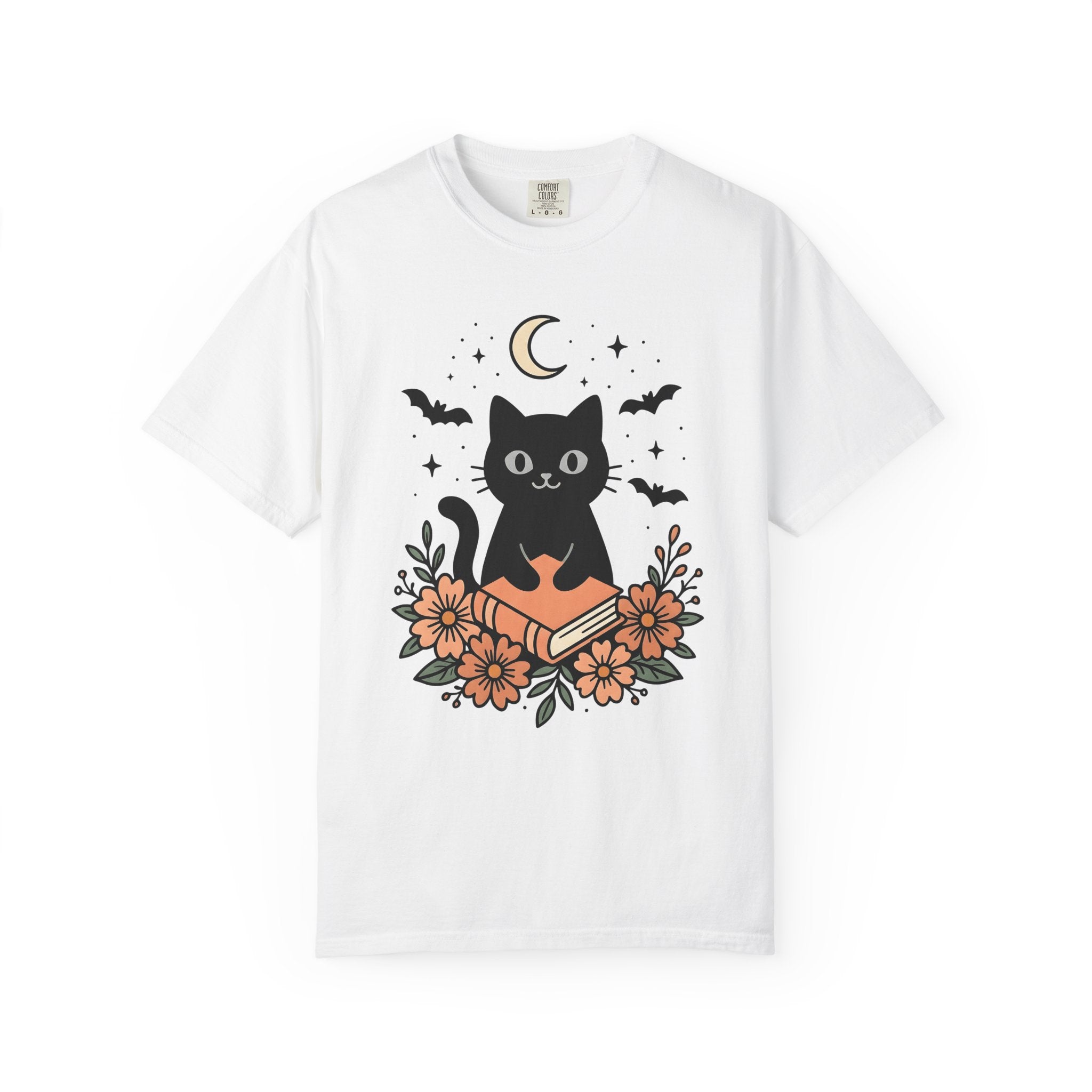 Black Cat Shirt Halloween Sorcery Gift Women Line Art Tee Cat T-Shirt Horror Fan Dark Magic Tshirt Witchcraft Graphic Sketch Night Moon