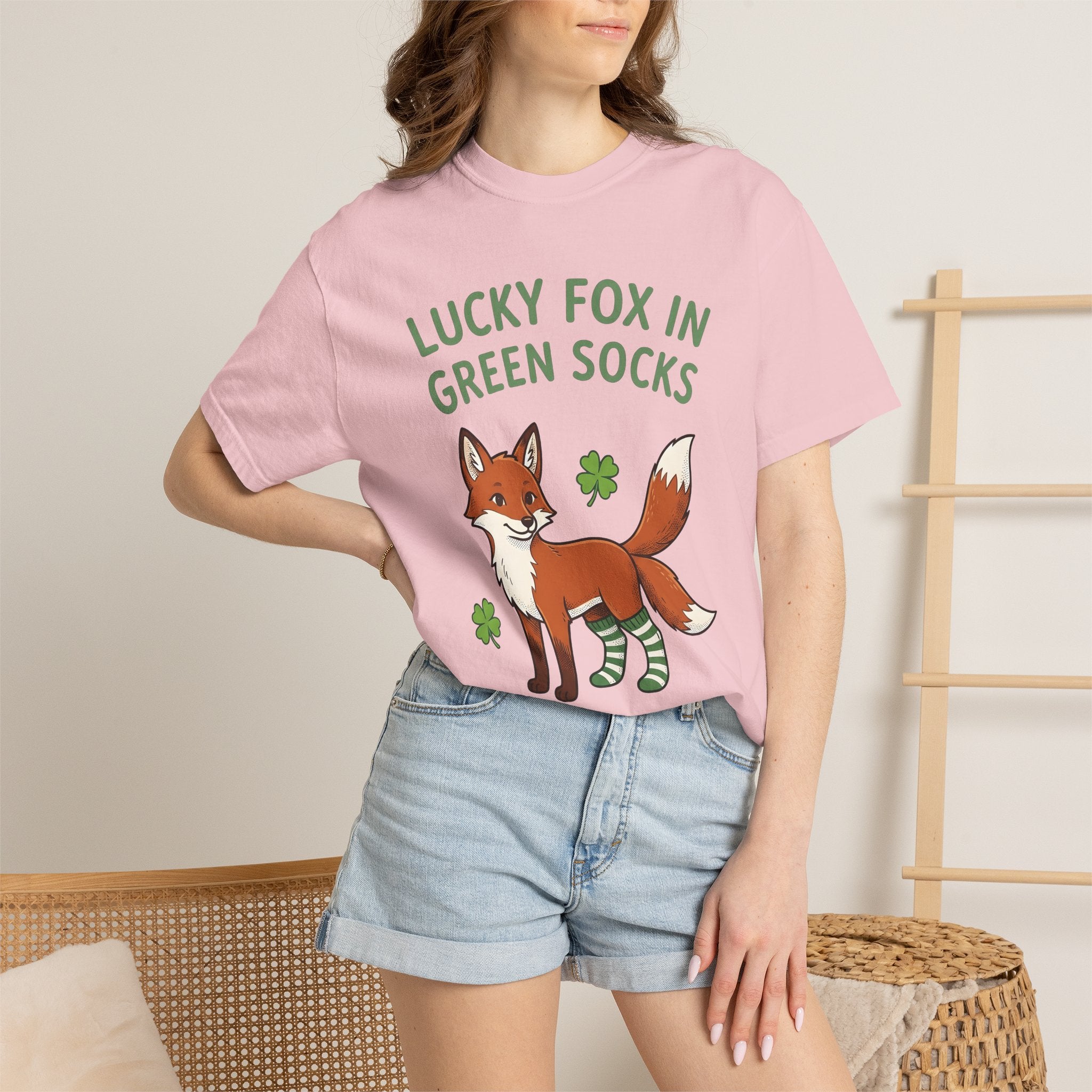 Fox Socks Shirt St Patrick's Day Creatures Gift Women Illustration Tee Socks T-Shirt Shamrock Fan Illustrated Tshirt Animal Graphic Hand