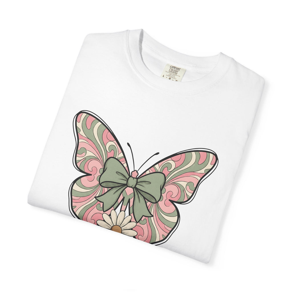 Butterfly Ribbon Shirt Easter Garden Gift Women Soft Colors Tee Bow T-Shirt Spring Fan Pastel Tshirt Yard Graphic Retro Flower Tshirt