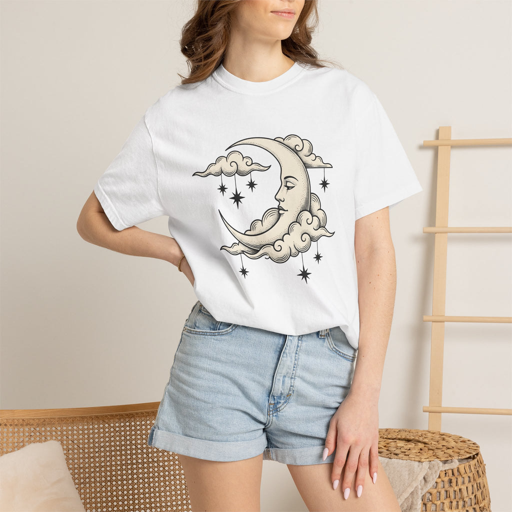 Moon Face Shirt Boho Chic Constellations Gift Women Starry Tee Lunar T-Shirt Bohemian Fan Celestial Graphic Tshirt Sketch Shining Stars