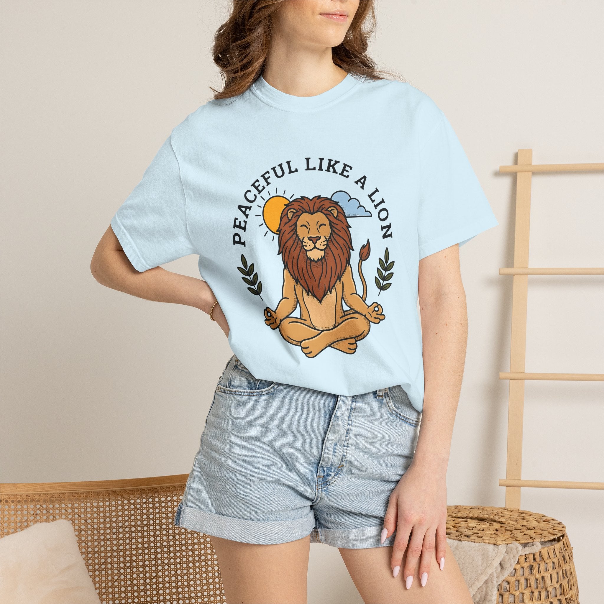 Peaceful Lion Shirt Yoga Wellness Gift Women Animated Tee Lion T-Shirt Yoga Enthusiast Cartoon Tshirt Healthy Graphic Clean Bright Sun