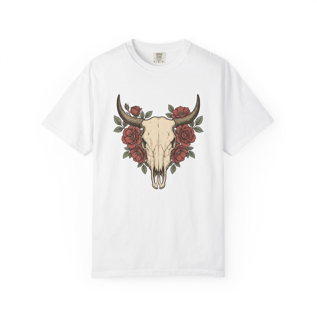 Steer Skull Shirt Cowgirl Cowboy Gift Women Ink Tee Bull Skull T-Shirt Rodeo Fan Tattoo Tshirt Cowboy Graphic Retro Flower Tshirt