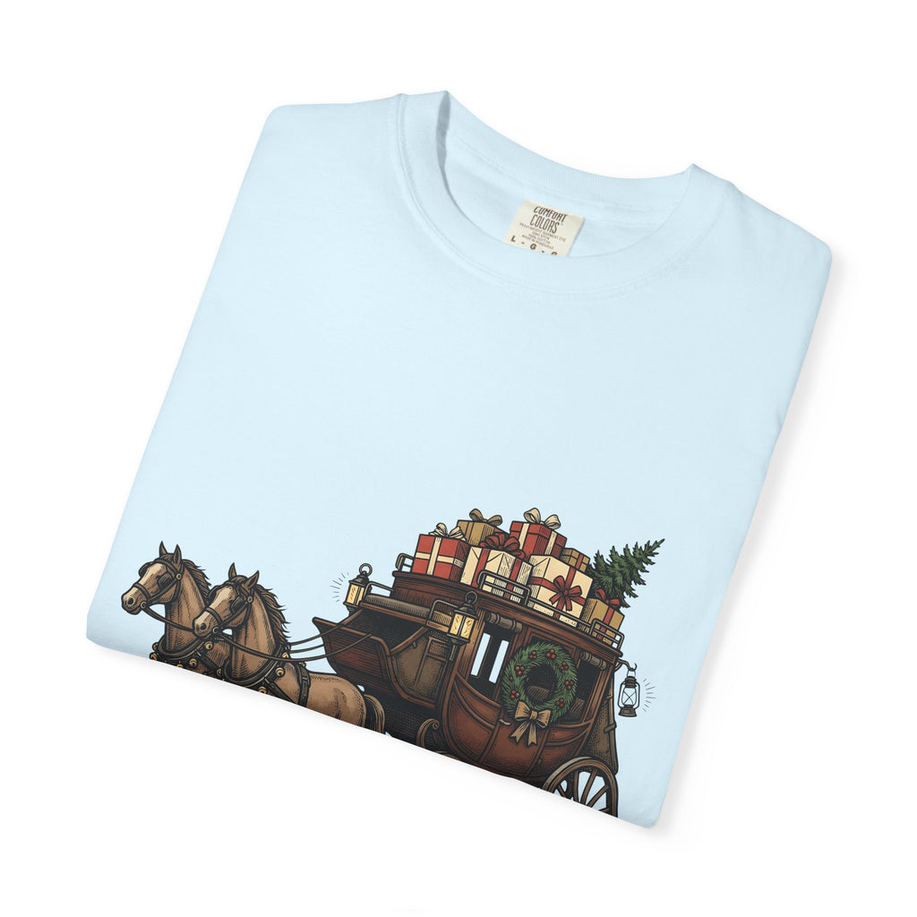 Horse Wagon Shirt Christmas Festive Gift Women Retro Tee Carriage T-Shirt Holiday Fan Vintage Tshirt Cheerful Graphic Sketch Present Boxes